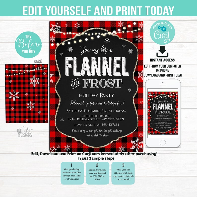 Flannel and Frost Party Invitation, Editable Christmas Invitation ...