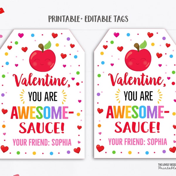 Applesauce Valentine Gift Tag You're Awesome Sauce Valentines Day tag Apple Sauce Valentines Tag Printable Kids Class Gift Instant Download