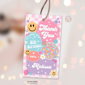 Etiqueta de lembrança EDITÁVEL, rosto de sorriso xadrez, etiqueta retrô, etiqueta de agradecimento de aniversário, etiqueta de presente emoji, etiqueta de festa discoteca hippie, DOWNLOAD PARA IMPRIMIR