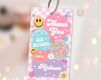 EDITABLE Favor Tag Checkered Smile Face Retro Tag Groovy Birthday Thank You Tag Emoji Gift Tag Hippie Disco Party Tag PRINTABLE DOWNLOAD