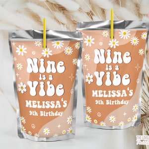 Editable Nine is a Vibe Juice Pouch Label Groovy 9th Birthday Floral Daisy Party Hippie Retro 70s Fun Festival Vibes PRINTABLE DOWNLOAD NCR1