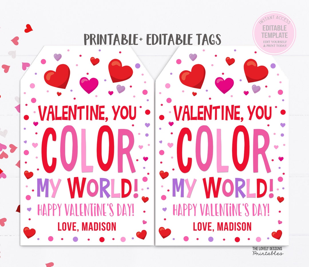 Editable Rainbow Valentine Tag: You Color My World (digital Download ...