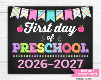 Girl First Day of Preschool Sign, First day of Preschool, INSTANT DOWNLOAD Photo Prop, Back to School Sign Chalkboard, Digital Printable