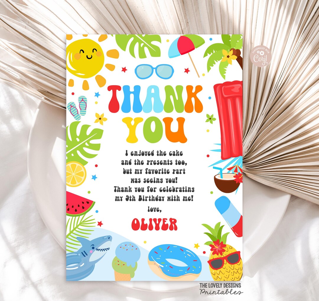 Pool Party Thank You Card Editable Splish Splash Birthday Party Summer ...