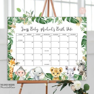 EDITIERBAR Dschungel Baby Due Date Kalender Safari Wild Guess Babys Geburtstag Spiel Vorhersage Neutral Baby Ankunft Dusche DRUCKBARE DOWNLOAD
