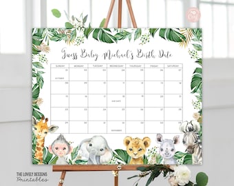 May include: A printable jungle-themed baby shower game with a calendar for guests to guess the baby's birth date. The calendar is decorated with green leaves, gold accents, and cute animal illustrations. The text reads "Guess Baby Michael's Birth Date".