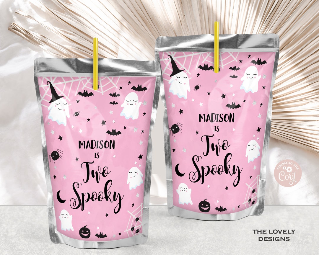 EDITABLE Halloween Juice Pouch Label Pink Ghost Two Spooky Juice Bags ...