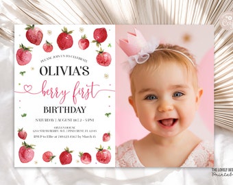 Editable Strawberry Invitation with Photo Strawberry Invitation Summer Pool Party Berry Sweet Birthday Invitation PRINTABLE DOWNLOAD STB2
