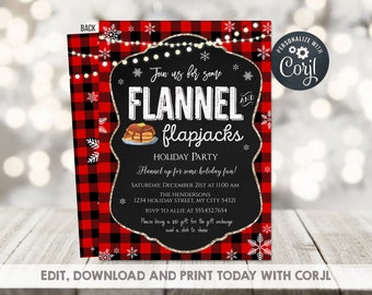 Flannel and Flapjack Invitation, Buffalo Plaid Holiday Invite, Pancakes and Pajamas EDITABLE Christmas Invite, Instant Download with Corjl