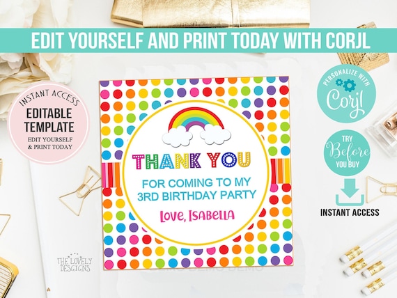 Rainbow Thank you Tags EDITABLE Rainbow Gift Favors Rainbow | Etsy