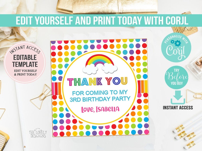 Rainbow Thank You Tags EDITABLE Rainbow Gift Favors Rainbow Etsy