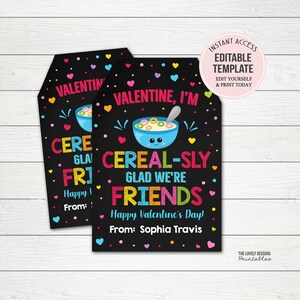 Cereal Valentine Tag Printable: Editable Classroom Gift (Digital Download)