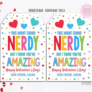 Isso pode parecer uma etiqueta de presente de dia dos namorados nerd, etiqueta de presente de doces de dia dos namorados nerd, etiqueta editável para impressão de amigo professor aluno em sala de aula