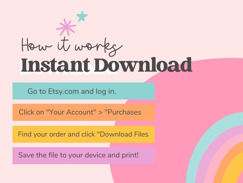 May include: A pink and light pink graphic with instructions for instant downloads. The text reads "How it works Instant Download" with steps to download files from Etsy.com. The steps are in a colorful, playful design.