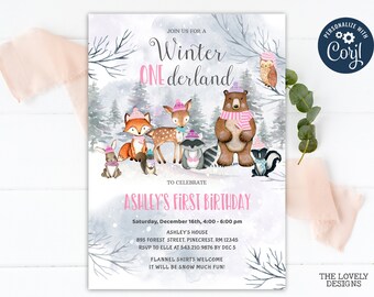 EDITABLE Woodland Winter Onederland Birthday Invitation Winter Wonderland 1st Birthday Girl Party Woodland Animals Invite PRINTABLE DOWNLOAD