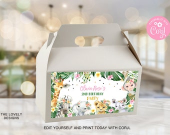 Bewerkbaar Jungle Gable Box Label Jungle Girl Birthday Party Favor Jungle Gift Box Label Safari Animals Zoo Treat Box Label AFDRUKBARE DOWNLOAD
