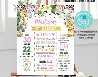 Puede incluir: Un póster editable para un primer cumpleaños con temática de la selva. El póster presenta un diseño rosa y dorado con un león, una cebra, un elefante y una jirafa. El póster incluye el nombre del niño, la edad y otros detalles sobre el niño, como sus comidas favoritas y actividades. El póster está personalizado con el nombre "Madison".