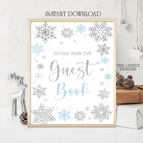 Winter Guest Book Sign Winter Baby Shower Winter Snowflakes Blue