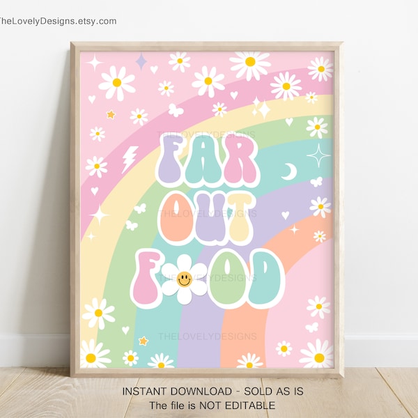 Daisy Groovy Birthday Party Far Out Food Sign Groovy Rainbow Pink Purple Mint Retro Hippie 70s Festival Vibes Party INSTANT DOWNLOAD GRP8