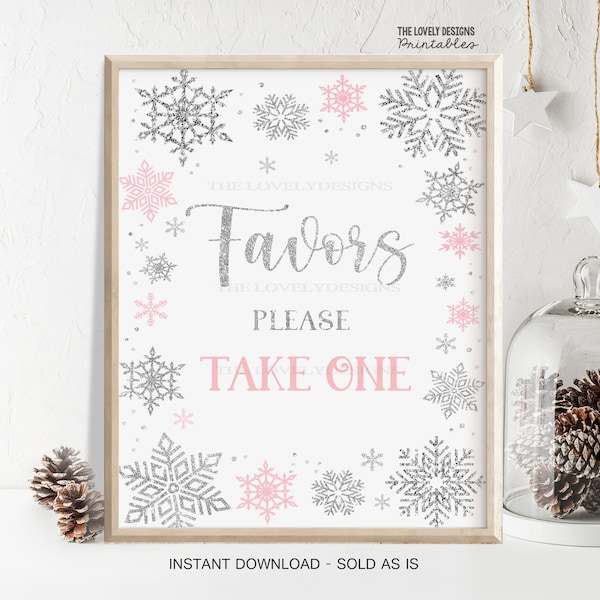 Winter Favors Please Take One Sign Winter Birthday Snowflakes Pink and Silver Baby Shower Winter Wonderland Favors INSTANT DOWNLOAD SWP2