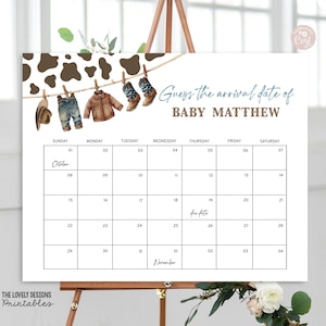 Calendario della data di scadenza del bambino da cowboy, gioco di indovinare il compleanno del bambino, previsione dell'arrivo del bambino, country western, baby shower per bambini selvaggi, modificabile, stampabile, CWB