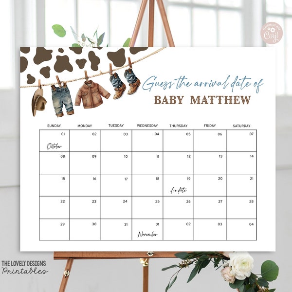 Cowboy Baby Due Date Calendar Guess Baby's Birthday Game Prediction Baby Arrival Country Western Wild Boy Baby Shower Editable PRINTABLE CWB