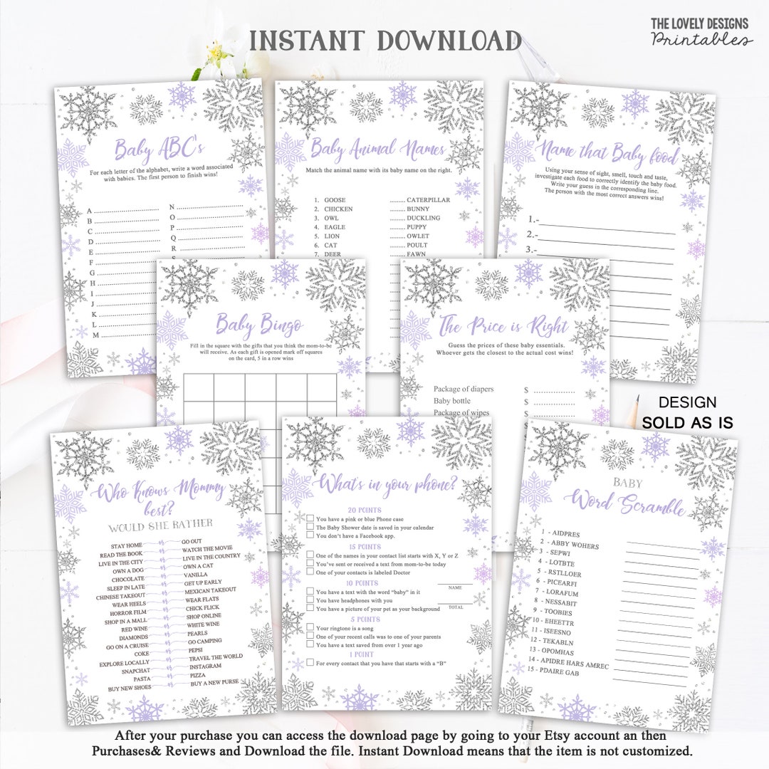Winter Baby Shower Games Package Snowflakes Lavender Purple X8 Games ...