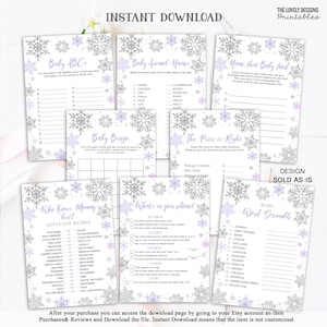May include: Printable baby shower game cards with a winter snowflake theme. The cards feature games like "Baby Bingo", "Who Knows Mommy Best?", "Baby Animal Names", "Name That Baby Food", "The Price is Right", "What's in Your Phone?" and "Baby Word Scramble".