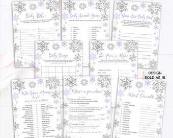 Może przedstawiać: Drukowane karty do gier na baby shower w zimowym temacie śnieżynek. Karty zawierają gry takie jak "Baby Bingo", "Kto zna mamę najlepiej?", "Imiona zwierząt dla dzieci", "Nazwij ten pokarm dla niemowląt", "Cena jest dobra", "Co masz w telefonie?" i "Połącz słowa dla dzieci".
