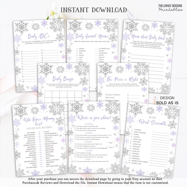 Winter Baby Shower Games Package Snowflakes Lavender Purple X8 Games Printable Baby It's Cold Outside Shower Activity INSTANT DOWNLOAD SWL6