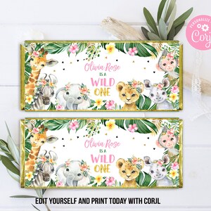 EDITABLE Jungle Wild One Candy Bar Wrappers Jungle Girl Birthday Party Safari Animals Zoo Wrappers Wild One Jungle Favors PRINTABLE DOWNLOAD