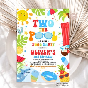 May include: A colorful invitation for a pool party to celebrate a child's 2nd birthday. The invitation features a cartoon sun, palm trees, a pool float, and the text "Two the Pool".