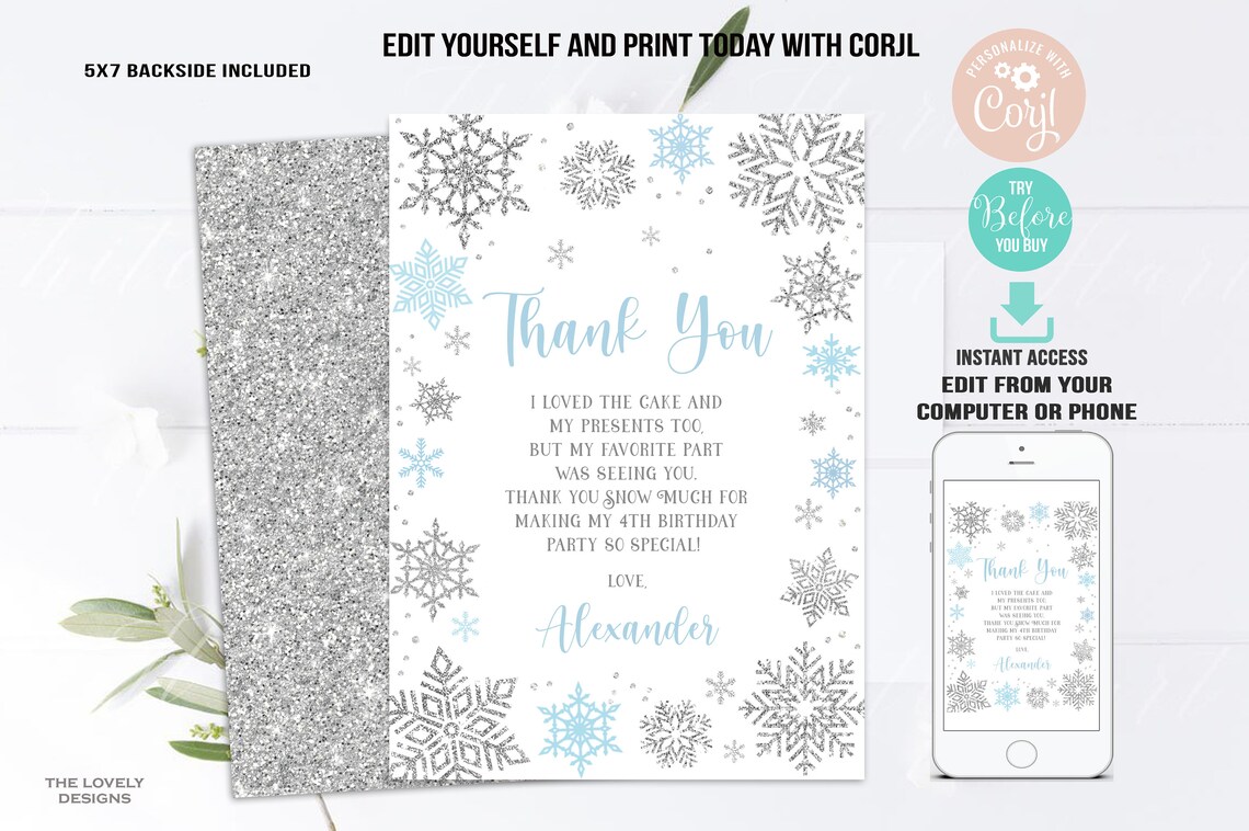 EDITABLE Winter Thank You Card Winter Birthday Party Snowflakes Blue ...