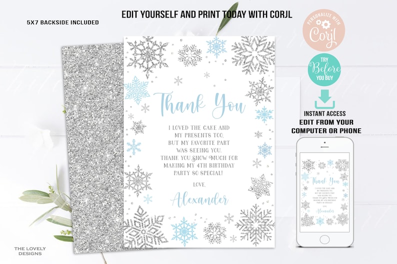EDITABLE Winter Thank You Card Winter Birthday Party Snowflakes Blue ...