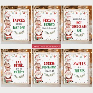 Könnte beinhalten: Ein Satz von sechs druckbaren Weihnachts-Schildern mit einem Cartoon-Weihnachtsmann und Schneemann mit einem festlichen grünen Kranz. Die Schilder enthalten den Text: "Favors, Please Take One", "Frosty Drinks, Please Help Yourself", "Warm Up at the Hot Chocolate Bar", "Eat, Drink, and Be Merry", "Cookie Decorating Station", und "Sweets and Treats".