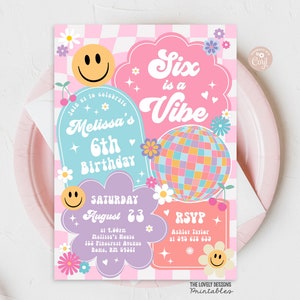 Editable Six is a Vibe Checkered Smile Face Invitation Retro Groovy 6th Birthday Emoji Invitation Hippie Disco Party PRINTABLE DOWNLOAD