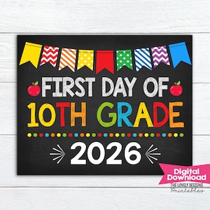May include: A chalkboard-style sign featuring a colorful pennant banner at the top. The text reads FIRST DAY OF 10TH GRADE in white and multi-colored letters, with red apple icons on each side. The year 2026 is printed in large white font at the bottom.