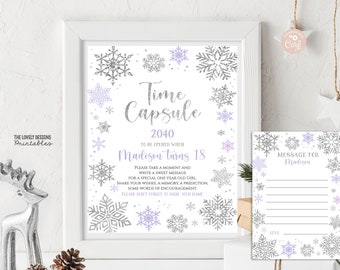 May include: A printable time capsule sign with a silver glitter snowflake design. The sign says "Time Capsule 2040 To be opened when Madison turns 18". There is a separate card that says "Message for Madison".