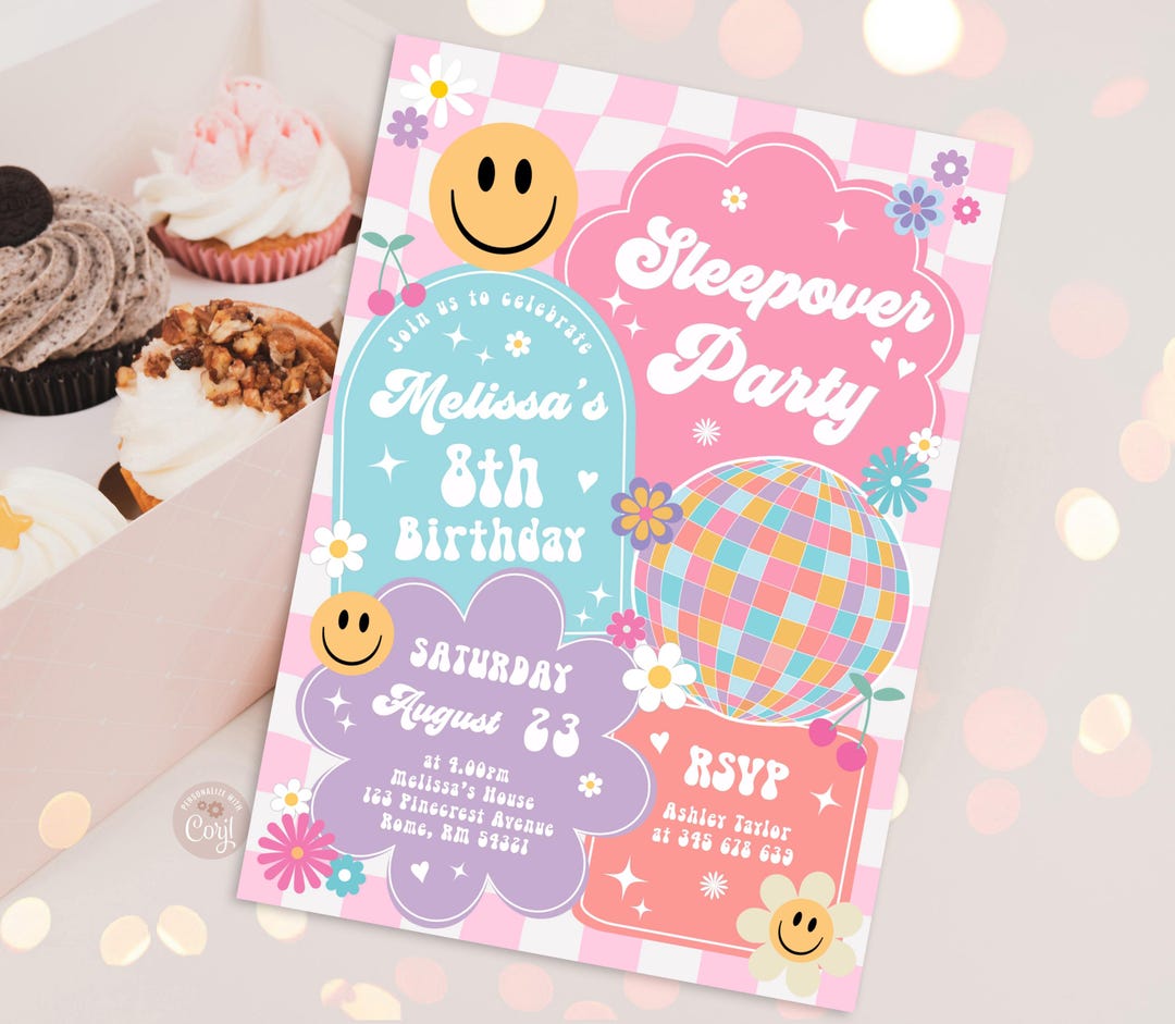Editable Sleepover Party Smile Face Invitation Retro Groovy Birthday ...