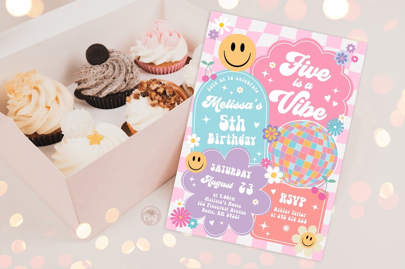 May include: A pink and blue birthday invitation with a disco ball, flowers, and the text "Five is a Vibe" and "Melissa's 5th Birthday".