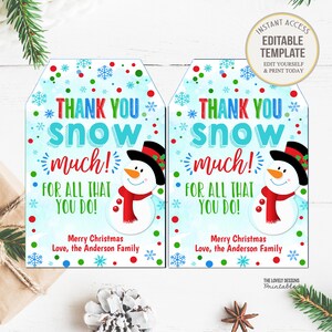Thank You Snow Much Tags, Christmas Gift Tags Printable, Snowman Gift Tags, Teacher Volunteer Staff  Coach Appreciation Gift Tags