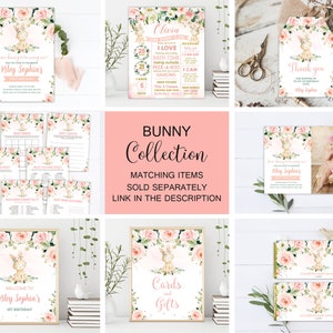 May include: A set of printable party decorations for a baby's first birthday. The decorations feature a pink and green floral design with a cute bunny rabbit. The text on the decorations says "Welcome to Kiley Sophia's 1st Birthday".