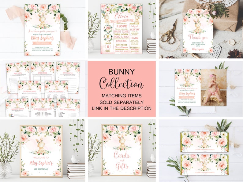 May include: A set of printable party decorations for a baby's first birthday. The decorations feature a pink and green floral design with a cute bunny rabbit. The text on the decorations says "Welcome to Kiley Sophia's 1st Birthday".