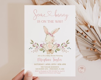 Bunny Baby Shower Invitation Editable Some Bunny is on the Way invitation Pink Floral Spring Rabbit Easter Invite PRINTABLE DOWNLOAD SBF7