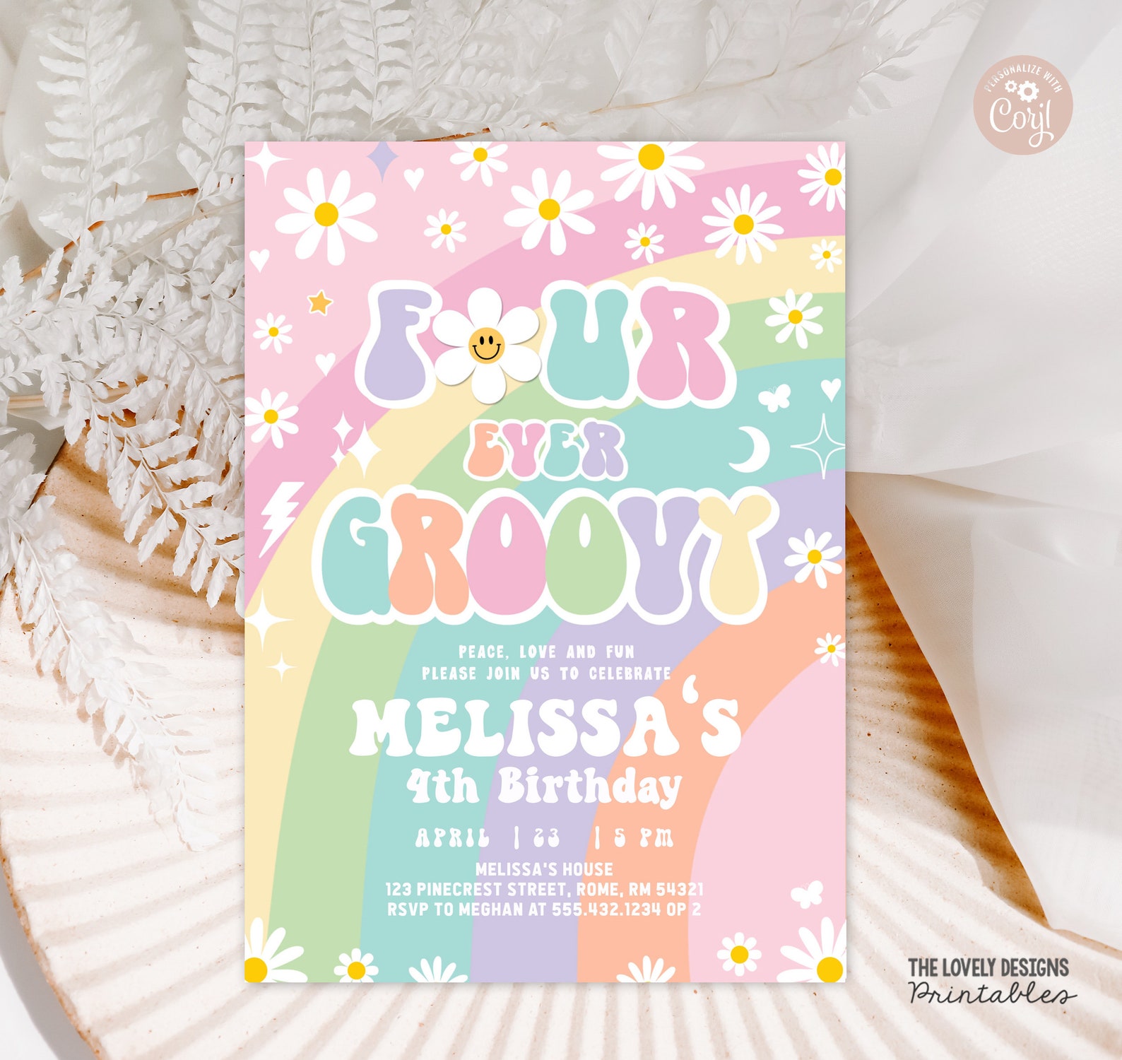 EDITABLE Four Ever Groovy Invitation Daisy Groovy 4th Birthday Rainbow ...