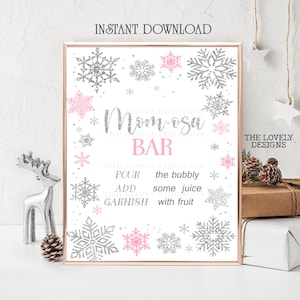 Winter Mom-osa Bar Sign: Pink Snowflakes Baby Shower (Digital Download)