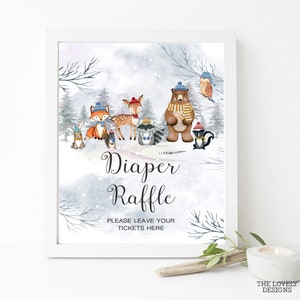 Woodland Winter Diaper Raffle Sign: Forest Animals Baby Shower (Digital Download)