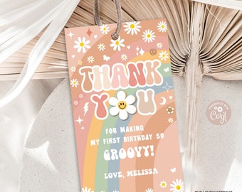 EDITIERBARE Gänseblümchen Regenbogen Favor Tag Groovy Geburtstag Hippie Retro 70er Jahre Party Fun Zwei Groovy One Geburtstag Geschenkanhänger DRUCKBARE DOWNLOAD GRM4