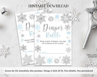 Biglietti per la lotteria dei pannolini invernali Fiocchi di neve invernali blu e argento Etichette per baby shower invernali Attività per baby shower invernali stampabili DOWNLOAD IMMEDIATO