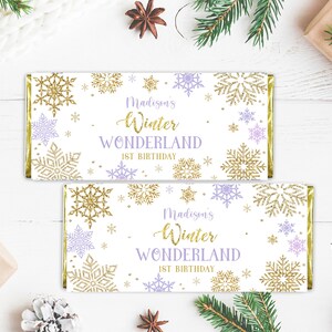 EDITABLE Winter Wonderland Candy Bar Wrappers Winter Birthday Party Favors Snowflakes Purple and Gold Chocolate Bar Label PRINTABLE DOWNLOAD